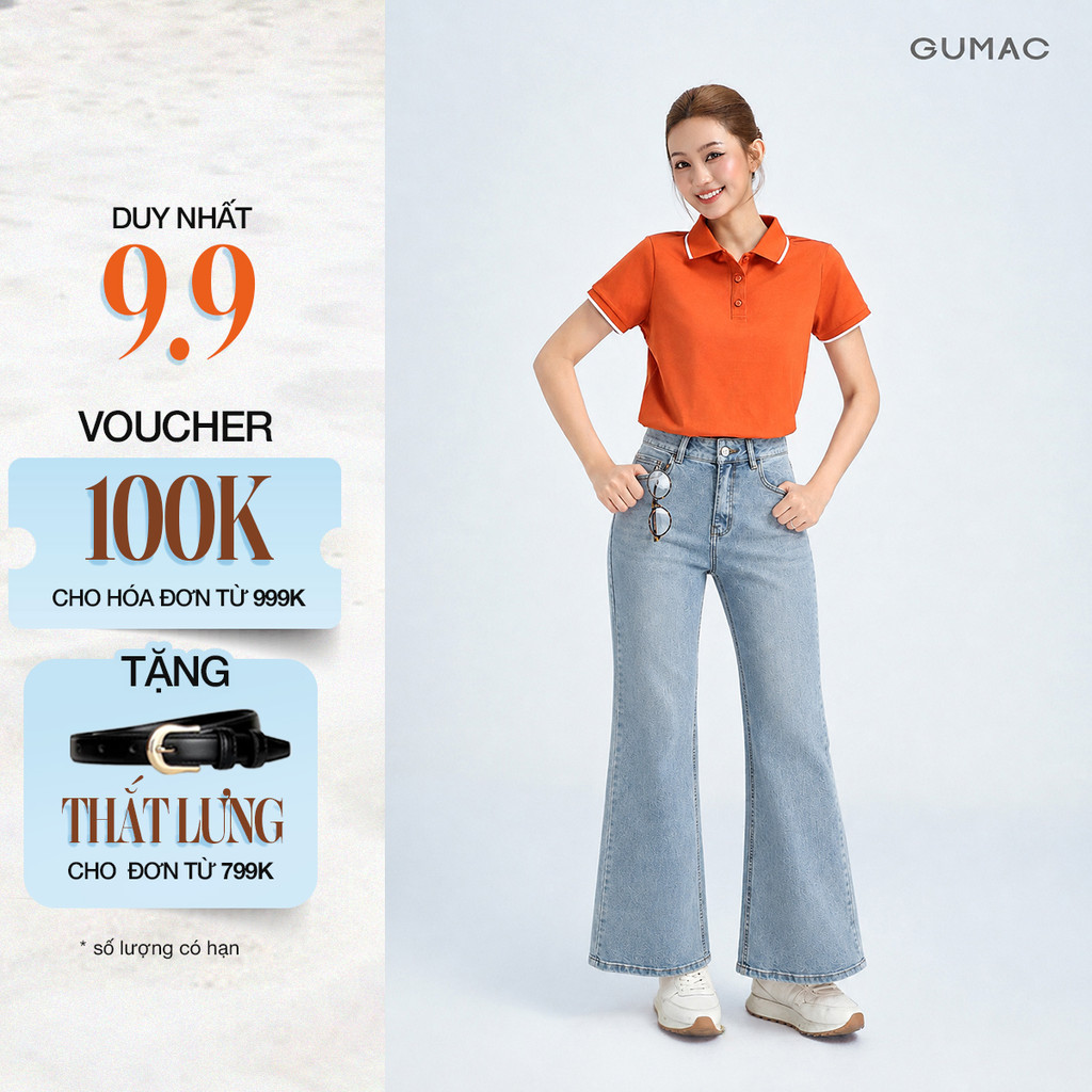 Quần Jeans Nữ GUMAC Form Ôm Ống Loe Nút Logo Gumac Túi Hàm Ếch Tôn Dáng LQJG07091 Túi Sau Thanh Lịch