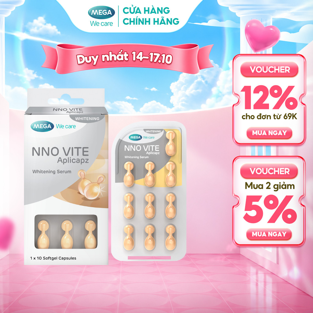 Serum dưỡng trắng da, mờ đốm nâu, đều màu da - Vitamin C, Vitamin E, Bisabolol - NNO VITE Mega We Care (10 viên)