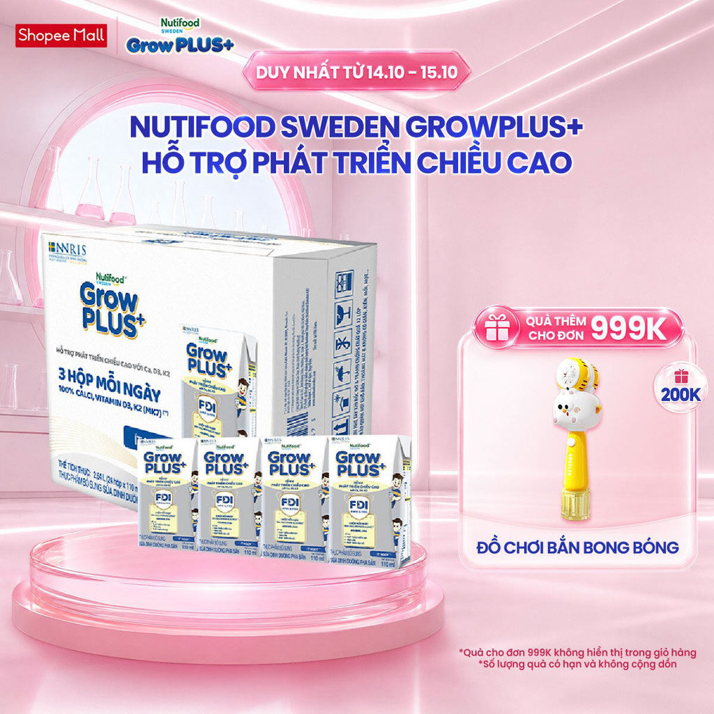 Thùng 24 hộp Sữa Bột Pha Sẵn Nutifood Sweden GrowPLUS+ Cao lớn vượt trội hộp…