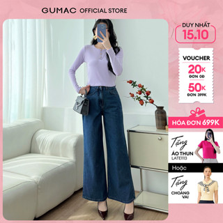 Quần jeans nữ ống rộng denim mềm mịn co giãn nhẹ xanh đậm viền chỉ nổi thời trang GUMAC LQJE1250