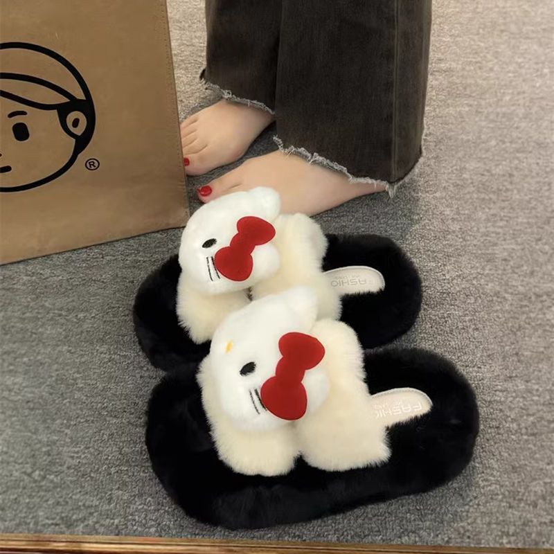 Dép lông mèo đế dày có giá trị cao Quần áo ngoài nữ mùa thu đông 2024 Phong cách mới Phong cách Trung Quốc Dép Cotton sang trọng một từ20251027