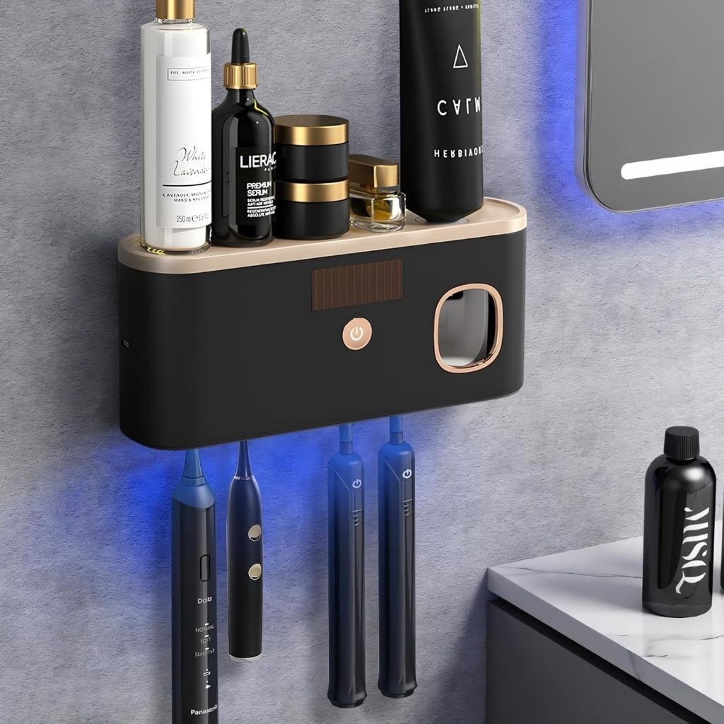 DDhome Toothbrush Holders for Bathrooms Toothbrush Holder Wall Mounted with Toothpaste Dispenser Rec