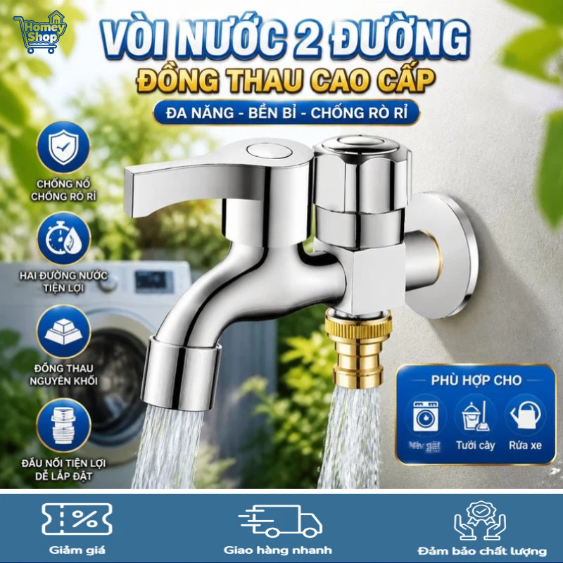 Vòi Nước Nhà Tắm 2 Đầu Ra, Đồng Thau, 2 Van Khóa, Ren Bốn Phân, Chống Rò, Cho Máy Giặt-HomeyShop