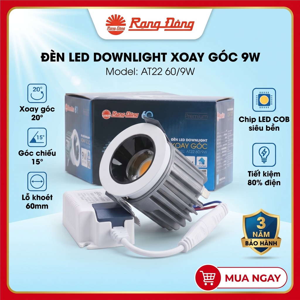 (Rạng Đông) Đèn Led downlight âm trần chỉnh hướng, góc chiếu 15 độ, xoay góc 20 độ - 7W 9W 12W -Lỗ k