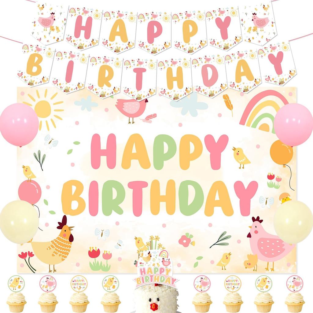 Đồ trang trí sinh nhật theo chủ đề gà dễ thương Biểu ngữ phông nền sinh nhật gà con nhỏ Bánh Cupcake