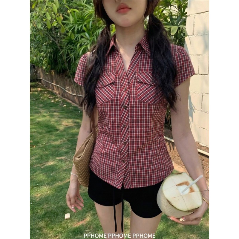 MR [Original Yarn-dyed Checkered] American Retro Red Checkered Filigree Slim-fit Slimmer Look Pocket
