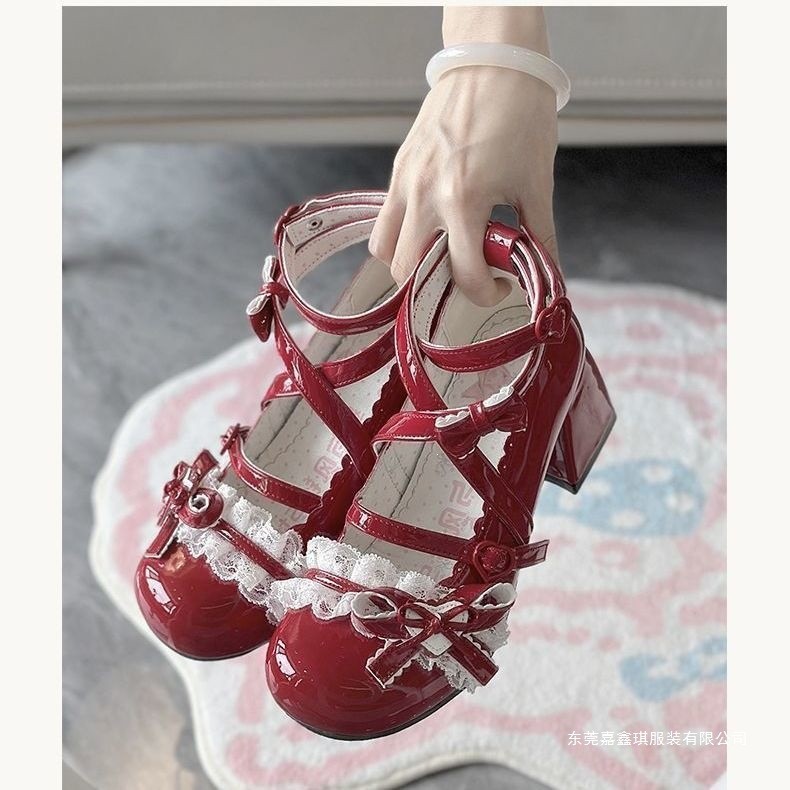 Giày Lolita ngọt ngào dành cho nữ, giày cao gót Lolita Mary Jane họa tiết hoa, gót vừa, chất liệu da