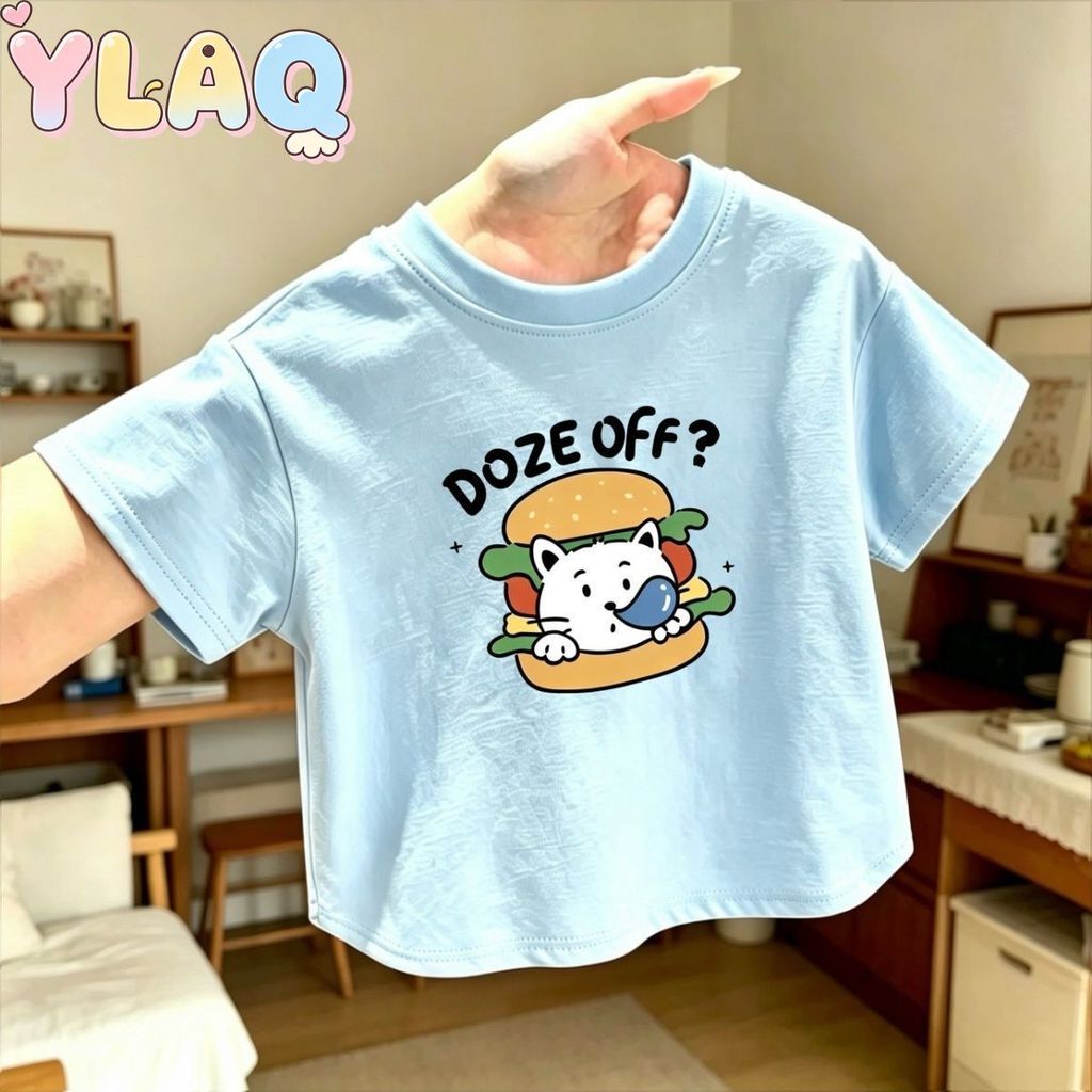 Áo thun trẻ em Màu xanh nhạt Burger Cat Doze Off In hình hoạt hình Áo ngắn tay thường ngày cho trẻ m