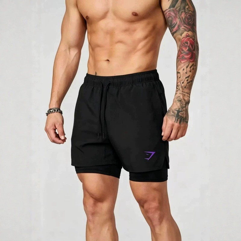 GYMSHARK Quần Short Nam 2 Trong 1 Quần Short Đôi Cơ Thể Thao Tập Thể Dục Quần Short in Hình Lỏng Lẻo
