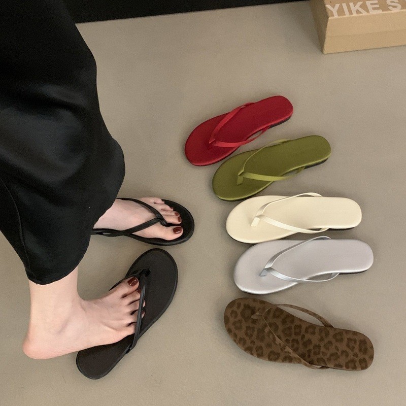 Flat Flip-Flops Nữ Mặc Bên Ngoài Flip-Flops Sandal Giày Đi Biển Màu Kẹo Satin Flip-Flops Nữ