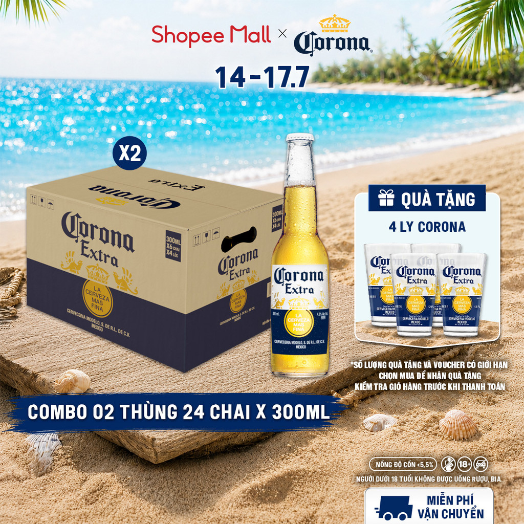 Nồng Độ Cồn 4.5% - Combo 2 Thùng Bia Corona Extra Nhập Khẩu Thùng 24 Chai (300ml/chai)