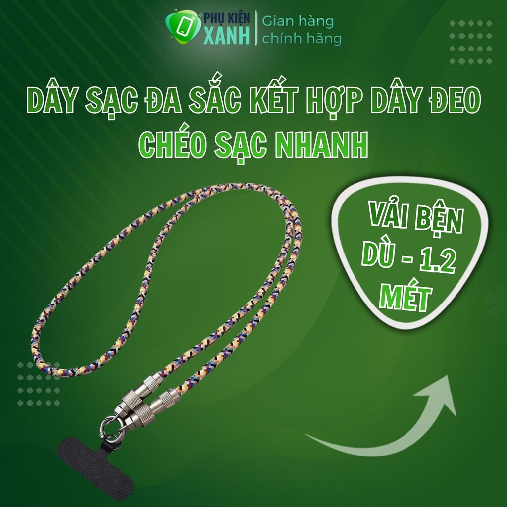 Cáp sạc nhanh 1.2m bọc dù, Dây đeo điện thoại chống giật kiêm cáp sạc 1,2m, cáp sạc 2 in 1 dáng dài 