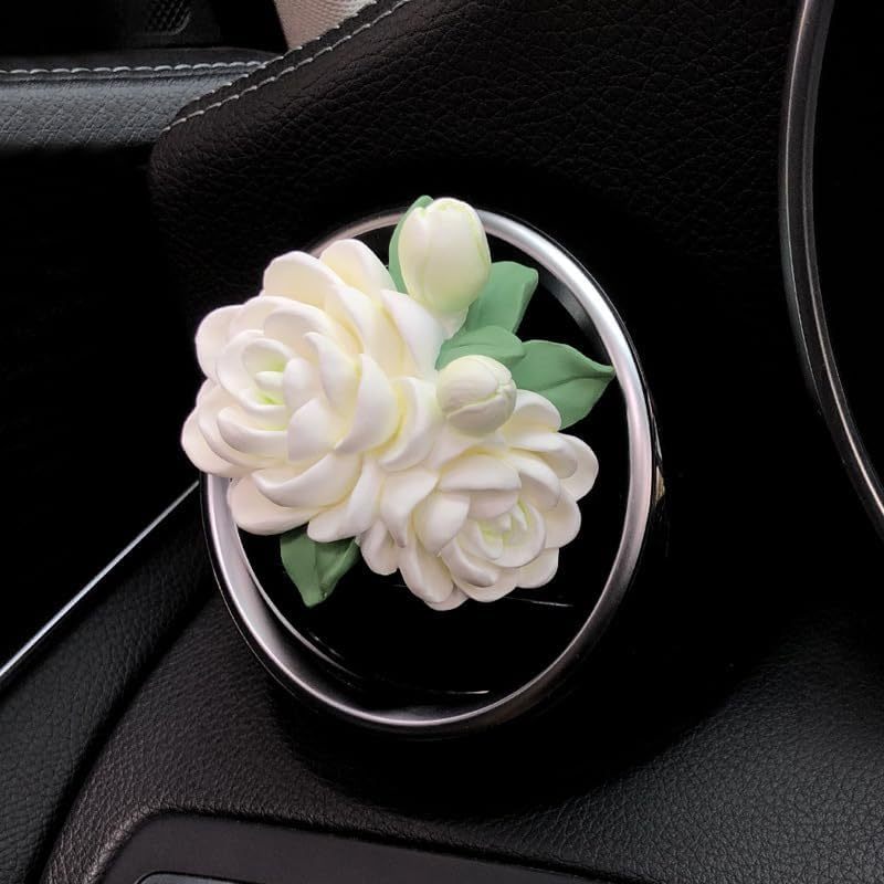 Jasmine Scent Aroma Diffuser Car Accessories – Ceramic Flower Air Freshener for Car Vent | Elegant F