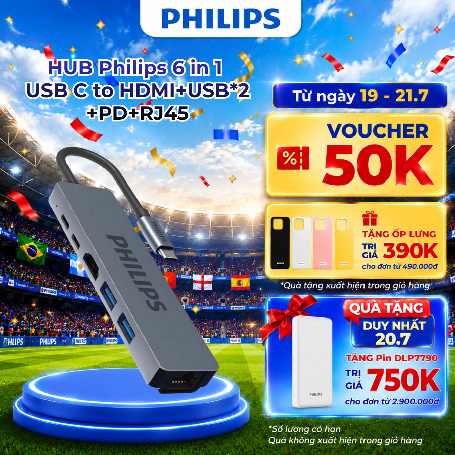 Hub chuyển đổi Philips SWV6116G 6 in 1 USB C to HDMI+USB*2+PD+RJ45