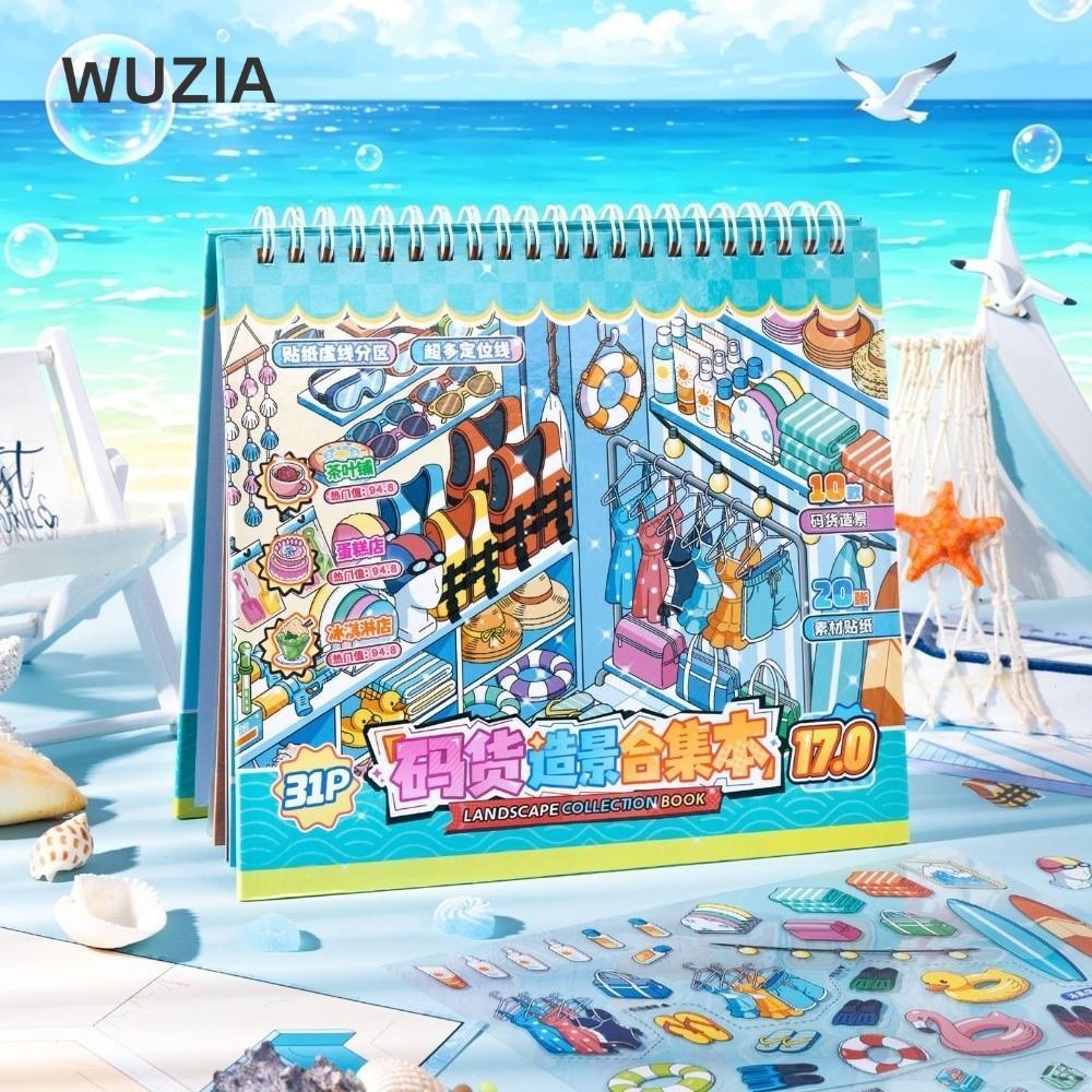 WUZIA Sticker Book, PET Bakery Post Office Scenery Sticker, 10 Cảnh Cửa Hàng Cảnh Sách Đồ Bơi Xếp Ch
