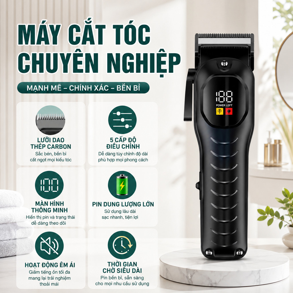 Tông đơ nam, máy cắt tóc, máy tỉa tóc, tông đơ cắt tóc pin dung lượng lớn, chạy êm, dùng tại nhà và 
