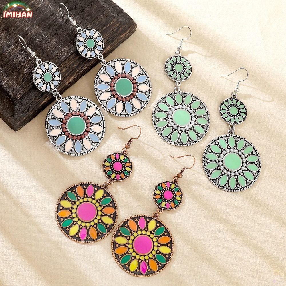 IMIHAN Hoa Mặt Dây Chuyền Bông Tai, Men Dầu Bohemian Tòn Ten Bông Tai, Nhẹ Nhiều Màu Hình Tròn Bóng 
