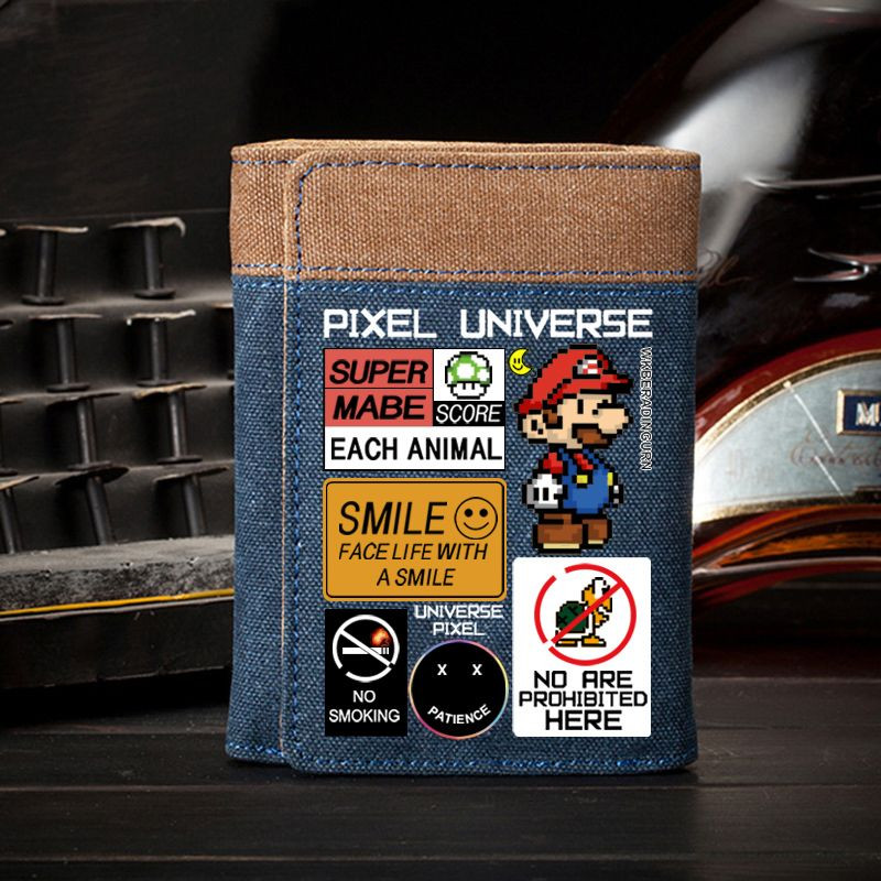 Ví Super Mario dành cho nam - Ví Denim ba tầng bền có khe cắm thẻ