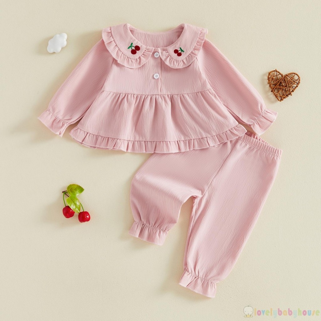 LBH-Bộ trang phục bé gái dài tay cổ búp bê Babydoll Áo + Quần màu trơn Bộ mùa thu