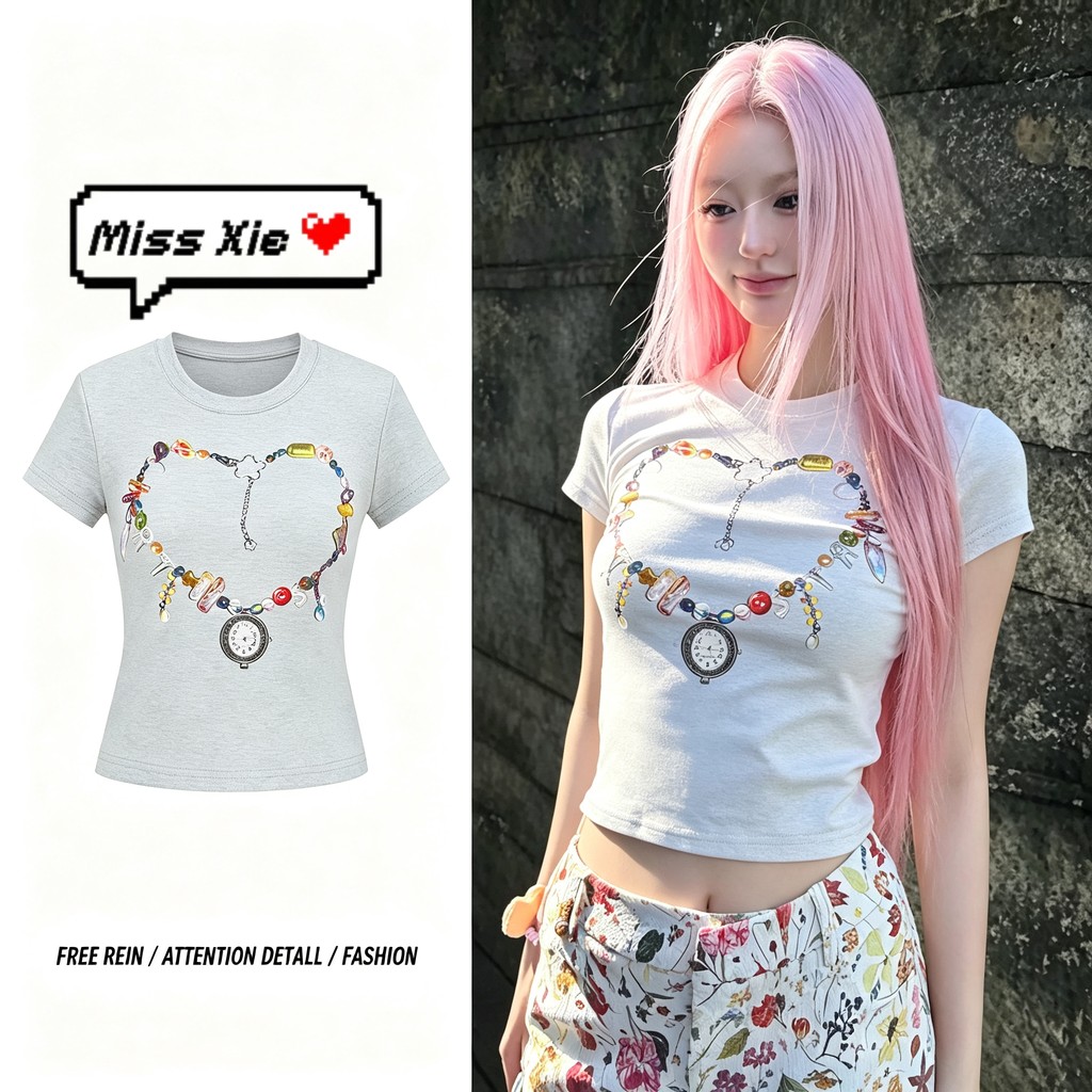 COD✅(Hồ Chí Minh) 🚚Miss shop Short sleeve tee heart gem pocket watch print áo thun nữ ôm vóc phong c