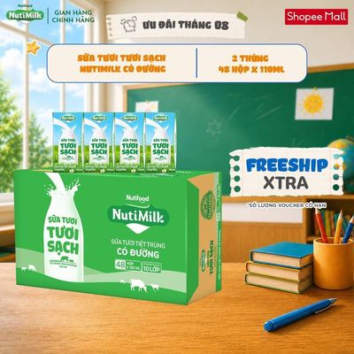 COMBO 2 Thùng 48 Hộp Sữa Tươi Tươi Sạch NutiMilk Có Đường 110ml