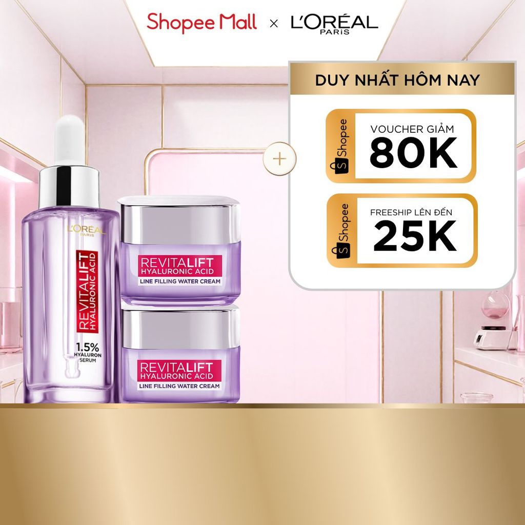 Bộ Serum 30ml và 2 kem dưỡng siêu cấp ẩm và giảm nếp nhăn 15ml x2 L'Oreal Paris Revitalift HA 1.5%