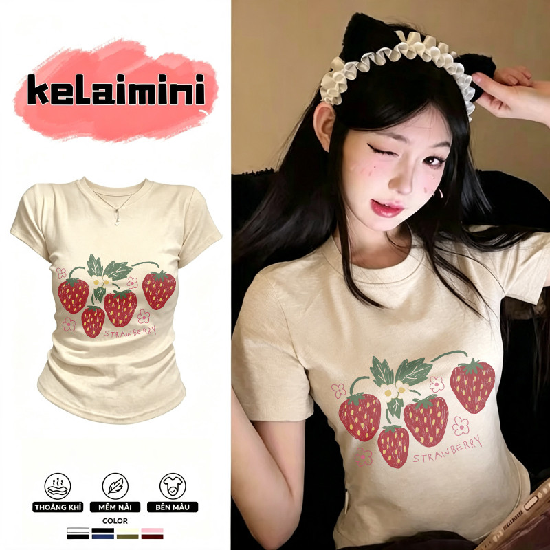 COD✅(Hồ Chí Minh) Áo baby tee nữ in dâu tây vẽ tay Y2K dáng ôm vải mềm thoáng mát