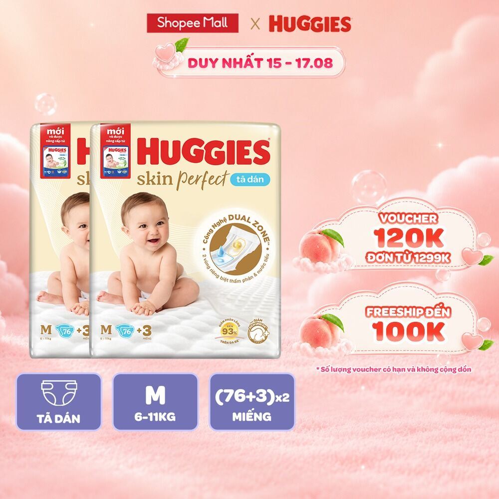 Combo 2 Tã/bỉm dán Huggies Skincare Super Jumbo M76+3/L68/XL60/XXL56