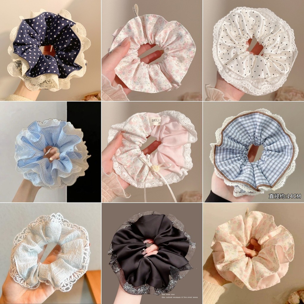 Quá Khổ Ren Scrunchy Dây Buộc Tóc Ngọt Chấm Bi Nơ Mũ Vải Buộc Tóc Phụ Kiện Gạc Đuôi Ngựa Dây Buộc Tó