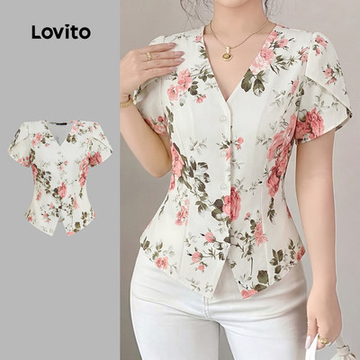 (New Arrival) Lovito Áo sơ mi nữ mùa xuân/hè thanh lịch có cúc LK7ED365