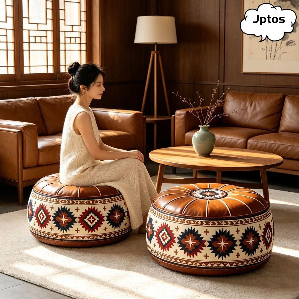 JPTOS Storage Ottoman, Hình Tròn Da PU Có Thể Lấp Đầy Ottoman Pouf, Họa Tiết Thêu Phong Cách Ma-rốc 