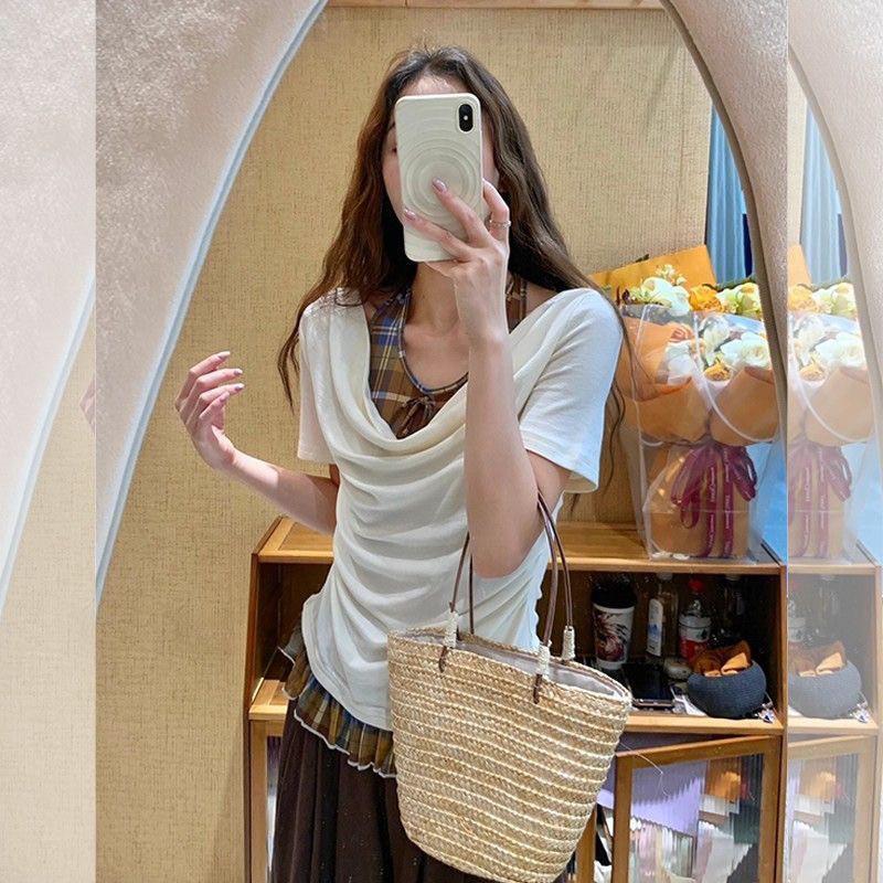 [Giảm giá trong thời gian có hạn] Áo thun ngắn tay kẻ sọc khâu dây giả hai mảnh Slim-Fit Slimer Look All-Ma