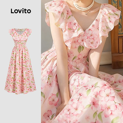 Đầm nữ Lovito hồng xuân hè xếp nếp phong cách nghỉ dưỡng thường ngày L183AD028