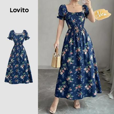 (New Arrival) Lovito Đầm Boho Họa Tiết Xếp Ly Mùa Xuân/Hè cho Nữ LBL37046