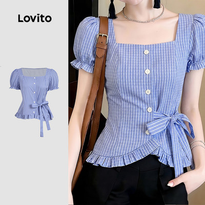 Áo kiểu nữ Lovito xanh dương xuân hè thiết kế dây nút lai bèo xếp nếp phong cách thường ngày LK6ED190