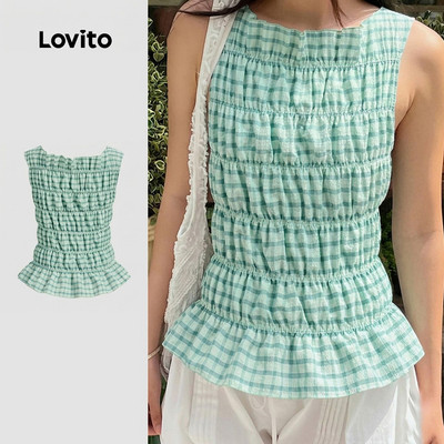Lovito Kỳ nghỉ Áo Tank Top Dễ Thương Họa Tiết Kẻ Caro Nhún Bèo Mùa Hè/xuân Dành Cho Nữ L125AD139