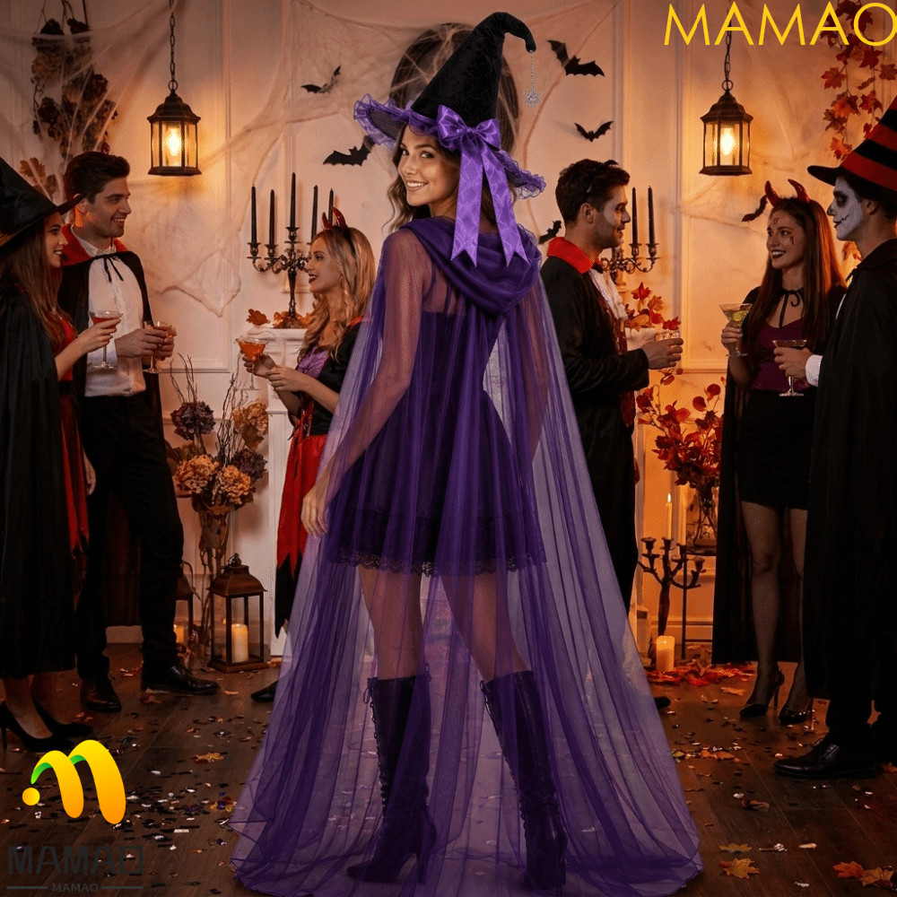 MAMAO Halloween Mũ Phù Thủy Bộ Áo Khoác, Nhập Vai Satin Nơ Mũ Phù Thủy Có Mũ Áo Khoác, Đồ Dùng Dự Ti