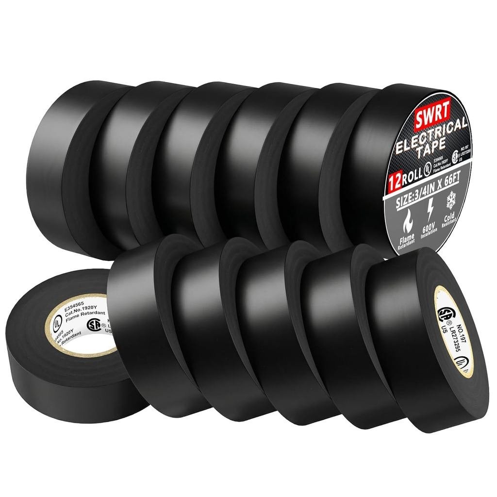 SWRT 12-Pack UL/CSA Listed Black Electrical Tape 7 mils Thick, 0.75 in x 66 FT Electric Tape, Indust