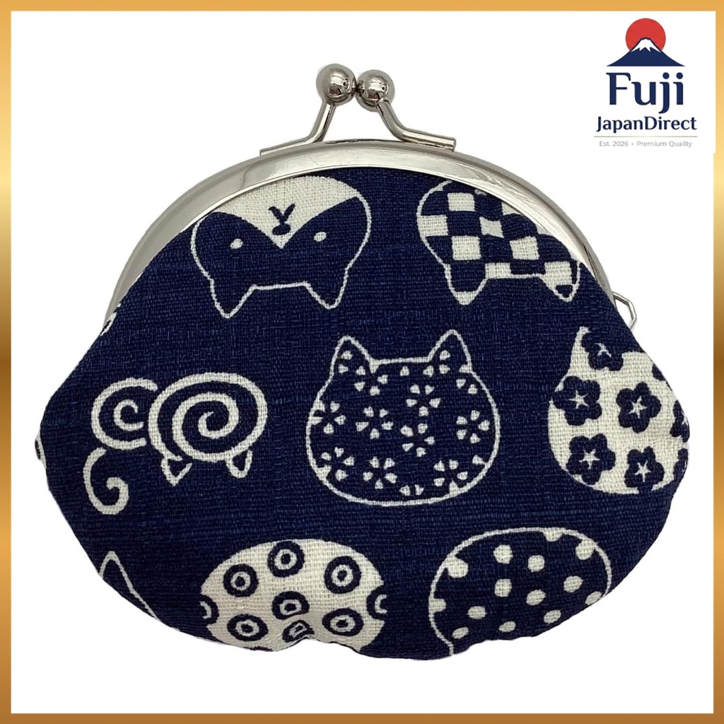 Kyosuke Japanese-made coin purse with cat design, 9.5 x 8.5 cm (2.6 inches), wallet/coin case, navy 