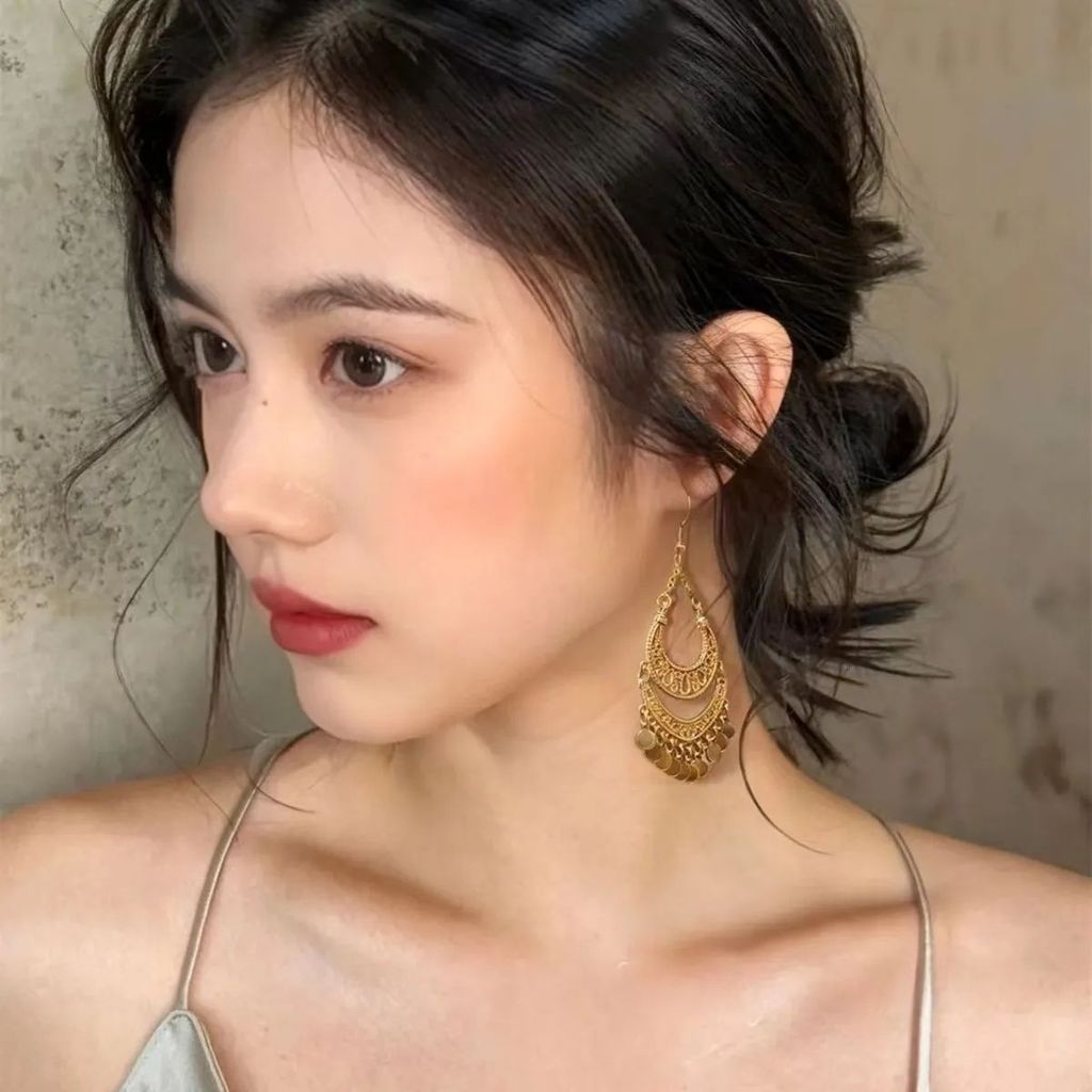 Phong Cách Bohemian Retro Khắc Kim Sa Lấp Lánh Bông Tai Thiết Kế Niche Bông Tai Sang Trọng Bông Tai 