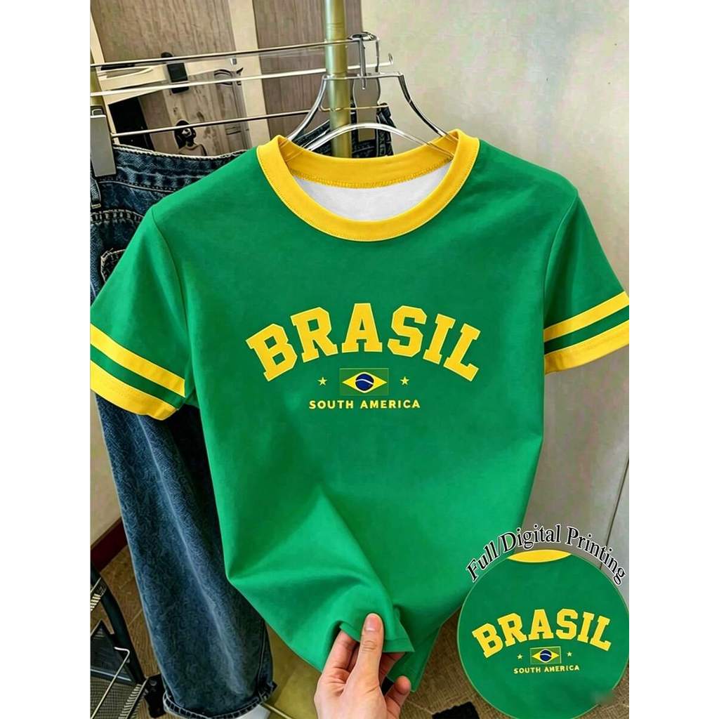 Áo thun croptop cho bé gái in họa tiết toàn thân, áo thun tay ngắn viền tương phản chủ đề Brazil, áo