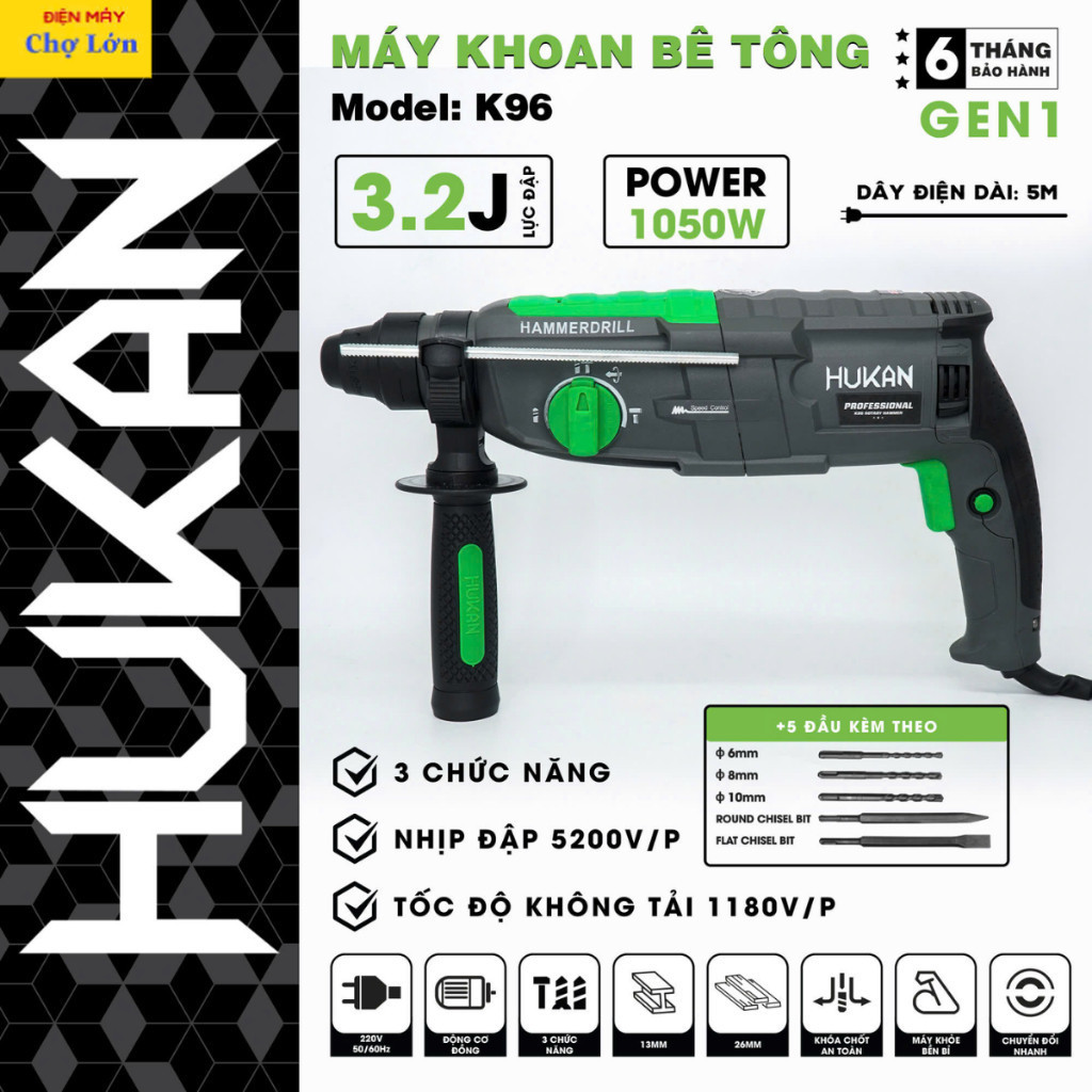 Máy Khoan Bê Tông HUKAN K96 3 Chức Năng Đa Năng Khoan - Cắt - Đục , Công Suất 1050W. Điện Máy vn cl
