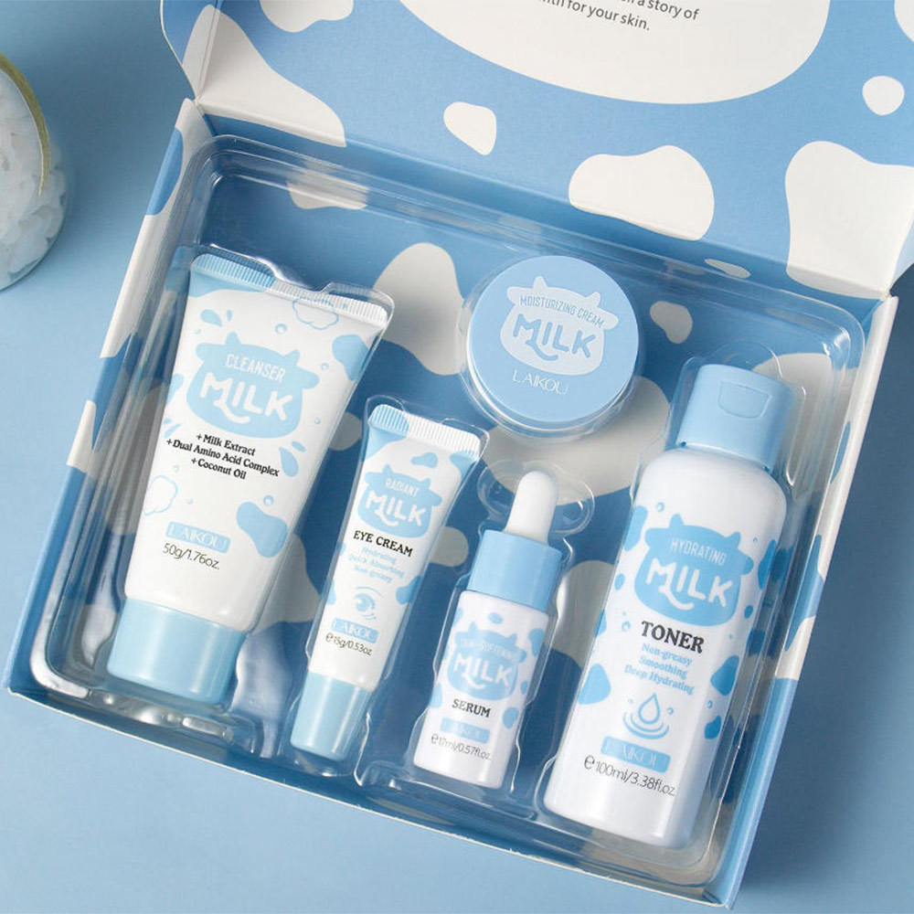 5PCS SET MILK GLOWING SKINCARE SET CLEANSER, TONER, SERUM, EYE CREAM, CREAM TRAVEL SIZE