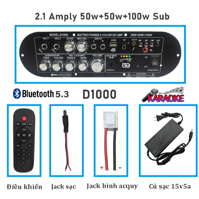 MẠCH LOA D1000 CÓ SẠC BÌNH CÔNG SUẤT 100W+50W+50W 2.1 BLUETOOTH 5.3 CHẤT LƯỢNG ÂM THANH CAO CẤP MẠNH