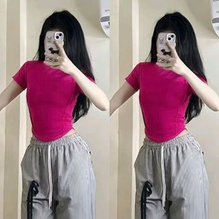 Áo thun nữ vạt bầu chiết 2 ly lạ mắt tay ngắn cổ tròn size dưới 53kg mã q90