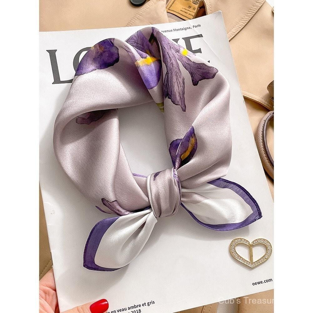 100% Purple Silk Mulberry Silk Scarf Small Square Scarf Female Spring Autumn Neck Decoration Scarf M