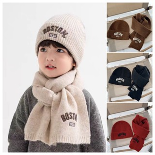  Phù hợp bé 2-10 tuổi ạTrẻ Em Mũ Dệt Kim Khăn Hai Mảnh Bộ Phong Cách Hàn Quốc Thu Đông Độc Đáo Cho Bé Mũ Len Ấm Chữ Thêu Khăn 