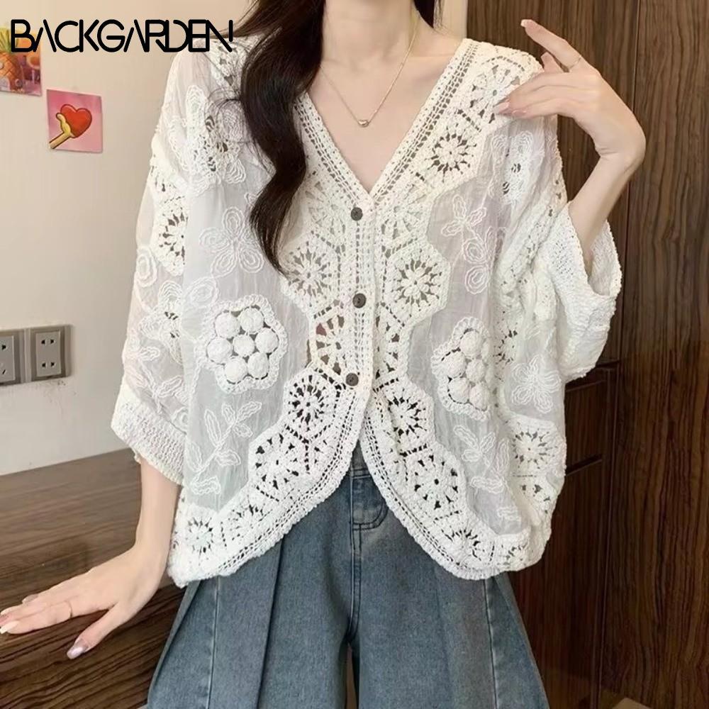 BACKGARDEN Ren Shrug, Áo len móc 3 / 4 tay áo phía trước mở, phong cách Boho Ren hoa Crop Chiều dài 