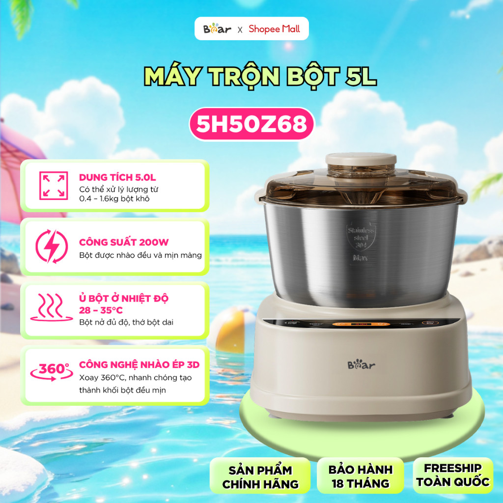 Máy Trộn Bột Bear 5L Inox 304 Ủ Bột Nhào Bột Nhồi Bột Công Suất Lớn Chống Dính Trộn Bột Làm Bánh SM-