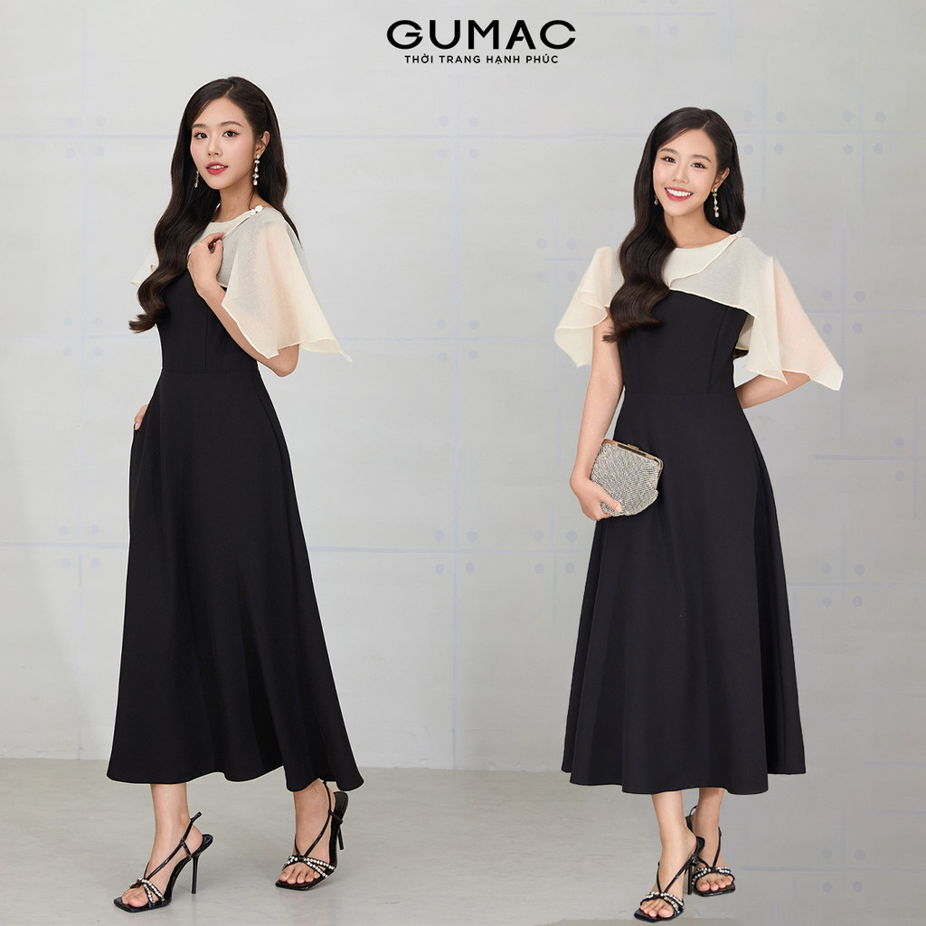Đầm Nữ GUMAC Form A Xòe Không Tay Phối Voan Choàng Che Bắp Tay Có Túi Sườn Tiện Lợi Thời Trang DF120